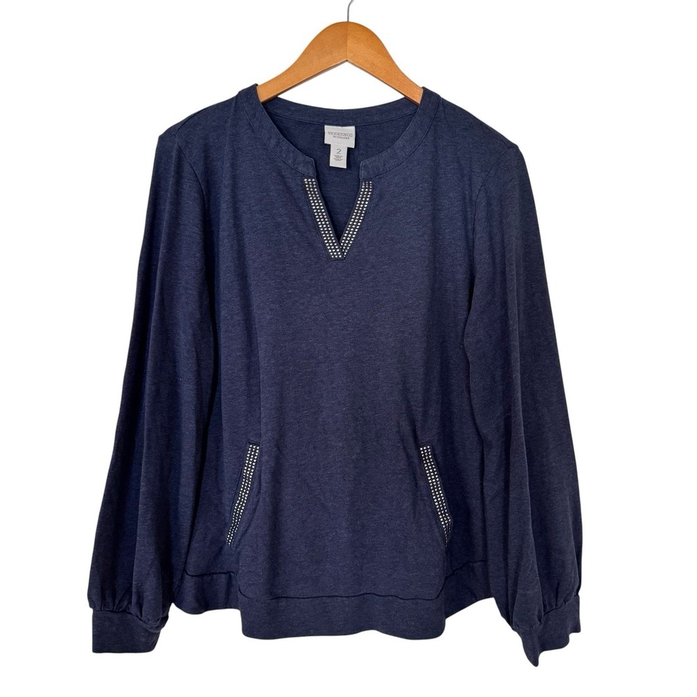 Chicos Weekends‎ Top Womens 2 Blue Studded V Neck Long Sleeve Casual L Nautical